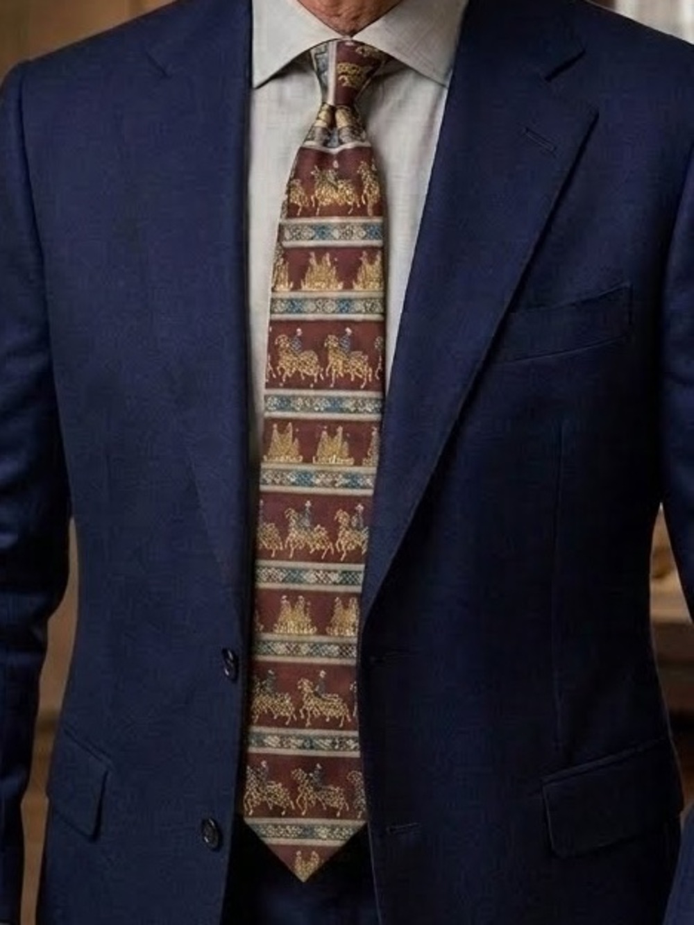 The Met Museum Silk Tie Medieval Tapestry Castles Horses Maroon Burgundy 57”